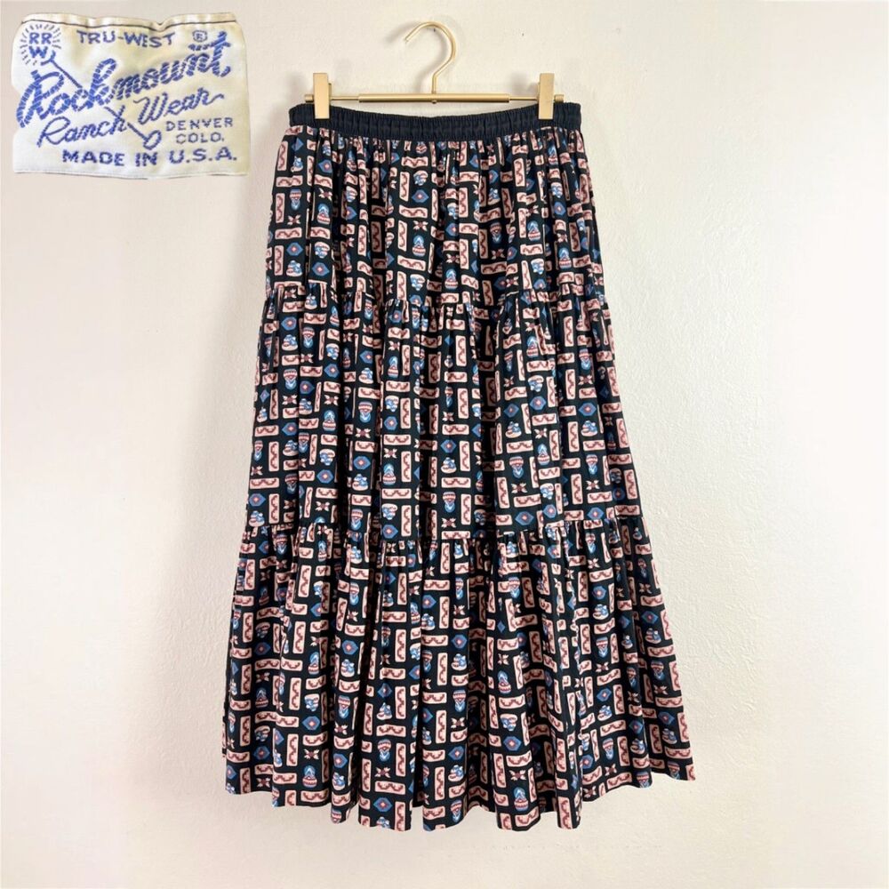 VTG 80s 100% Cotton Southwestern Print Tiered Full Circle Skirt Midi Length S-M